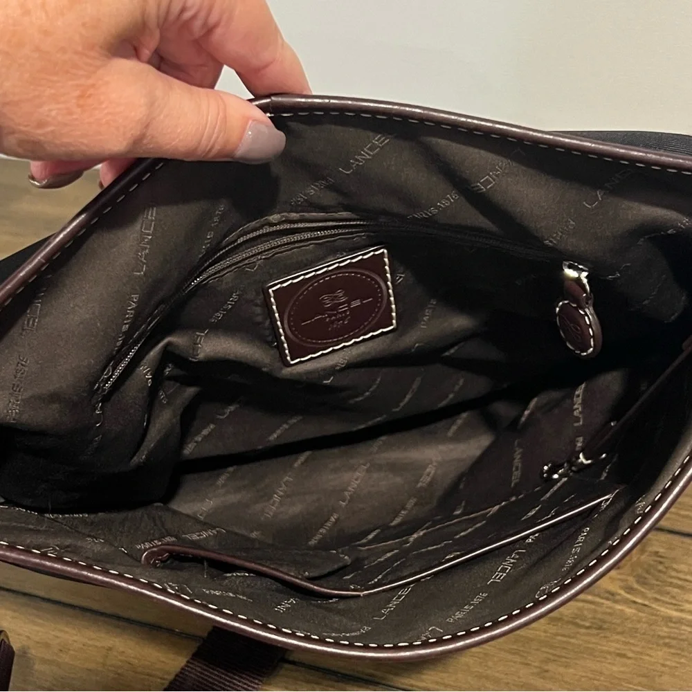 Lancel black nylon messenger crossbody bag with brown leather trim